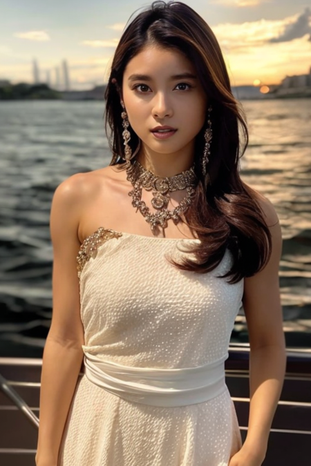 1girl,(wearing a glamorous dress),(RAW photo, best quality), (realistic, photo-realistic:1.4), masterpiece, an extremely delicate and beautiful, extremely detailed, 2k wallpaper, Amazing, finely detail, extremely detailed CG unity 8k wallpaper, ultra-detailed, highres, soft light, beautiful detailed girl, extremely detailed eyes and face, beautiful detailed nose, beautiful detailed eyes,cinematic lighting,sunset, lightperfect anatomy, on a yacht,slender body,full body photo