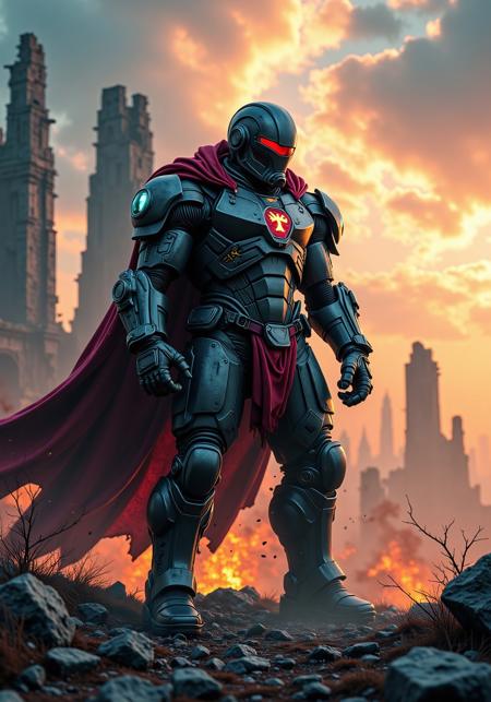 Power Armor Super Warrior stands atop a shattered battlefield, cloaked in a tattered two-toned cape (Silver lines, burn Ograne + matte black steel), whipping in the wind. Towering in heavy, brutalist power armor, covered in battle scars, welded plating, glowing vent cores, and glowing cyber etchings. A massive emblem of a hammer crossed with a scythe blazes across the chestplate — a symbol of industrial revolution and vengeance. Armed by heavy Gun.
Foreground: cracked stone slabs, bullet casings, coiled power cables and broken servo limbs.
Midground: central figure in a heroic stance, clenched gauntlets dripping with oil and ash, helmet visor glowing dim red, breathing unit hissing vapor. Massive pauldrons, spine-linked exosuit pistons, magnetic weapon holsters across the back.
Background: ruined brutalist citadel ruins under a fractured sky. Black smoke pillars and decaying monoliths loom in the distance.
Lighting: strong cinematic dim light from behind in deep orange, mixed with blue underglow from ruins, casting dramatic shadows. Particles float through rays of dying sunlight.
Camera: 50mm lens, low-angle hero shot with shallow depth, subject off-center for dynamic tension.
Color tone: blend of gritty desaturation, steel-gray + blood red, with cinematic teal-orange grade, subtle film grain, smoke layering for atmospheric depth.
Style: grimdark, 8K, ultra-detailed, digital painting, epic wallpaper concept art.

