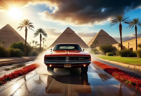 cinematic photo of dodge Charger 1968, magnificent three pyramids of Giza appear clearly, charm, highly detailed car, Professional lighting, full of life, Lively and energetic, 8K, rays of sun flow beyond heavy clouds, HDR, Fast & Furious movie, motion blur, moving tires, Cinematic Shot, Cinematic Lighting, amazing world, pure perfection, Need For Speed, wide angle exterior background, drifting, wet asphalt road, autumn leaves, grass, flowers, jasmine flowers, palm trees, nebula horizon.