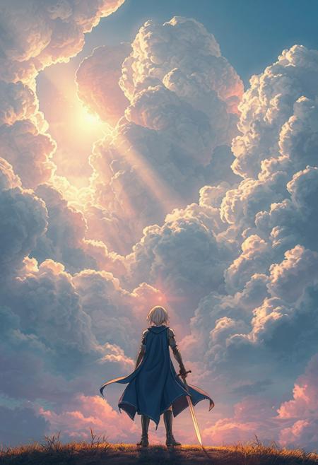 ""Vertical 9:16 anime-style sky in ultra-detailed 4K resolution. A vast, painterly sky stretches endlessly, filled with massive, textured clouds in complex folds, subtle contours, and soft ridges. Gaps between the clouds reveal patches of baby-blue sky and warm sunlight beams filtering downward. Below, the scene shifts to a mystical landscape where Saber from Fate/stay night stands in the center. She is in her iconic armor, with Excalibur in hand, the sword glowing faintly in the soft light. Her blue cape flows in the wind as she gazes into the horizon, ready for battle. The atmosphere is dreamy and emotional, with pastel colors of blue, pink, and golden light blending together. The background is ethereal and magical, filled with soft edge lighting, layered depth, and a subtle ambient haze, creating a nostalgic, cinematic mood."