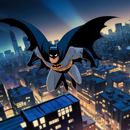 anime artwork of  <lora:Batman:1.4>
Batman a batman flying over a city at night In Gotham City Universe, anime style, key visual, vibrant, studio anime,  highly detailed