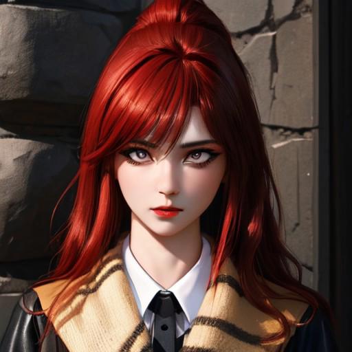 stone room, beautiful eyes, (brown eyes), (beautiful girl), 18 years old, high detail skin, (high detail eyes), highres, (ultra detailed), (high detail face), (highly detail face), (good face), (good noise), (masterpiece), (best quality), photorealistic, 1girl, long hair, (red hair), big breasts, big boobs, big tits, (standing), white skin, half body