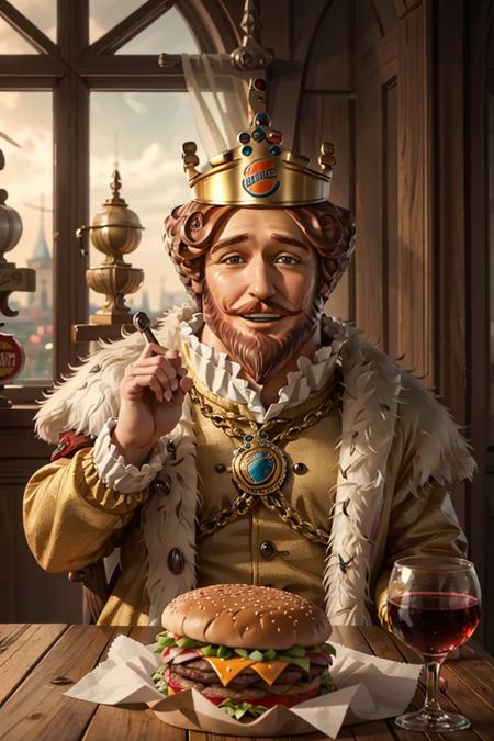 1man, solo, portrait of burgerking mascot sit on king throne, giant burgers on wooden table,  glass of wine, castle, golden ornament, looking at viewer, details, realistic, photography, blurry background, softfocus , bokeh <lora:ARWBurgerKingMascot:1>