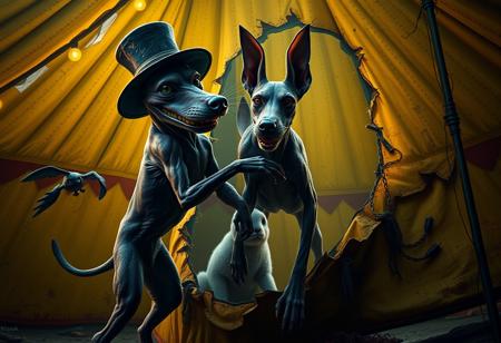 A highly detailed, photorealistic depiction of a bizarre, genetically mutated creature resembling Siamese twin dogs. The creatures have skinny, flesh-bound bodies with patchy, dull fur resembling a Dobermann, with an oversized tail, grotesquely large ears, and unnaturally short legs. One of them is grinning with wide, distorted eyes, its fur now an eerie blend of dark purple and gray. It wears a once-elegant, now weathered Italian hat. Biotech implants pulse with a sickly green glow, blending with swollen, cancerous carcinomas protruding from their flesh. They battle a large, shadowy rabbit, hiding in a hole within the torn, grimy fabric of a giant yellow circus tent.
The scene is drenched in creepy, low light, casting long, distorted shadows and bathing everything in a haunting, cold blue and sickly yellow hue. The circus is filled with flickering, broken carnival lights, creating an unsettling, nightmarish atmosphere. Hovering above the scene is a tattered, high-tech cardboard sign labeled ‘BUZZ 4 DNA,’ glowing with ominous, toxic neon colors. The entire setting feels unsettling and surreal, with a sinister edge.