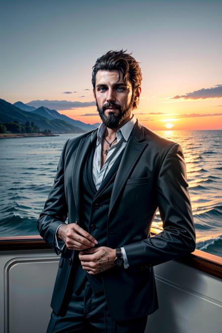 ((masterpiece, best quality))
<lora:add_detail:0.8>
 <lora:FarCry5John:0.8>
FarCry5John, 1boy, solo, brown hair, blue eyes, beard, on a luxury yacht, dressed in a sharp suit, looking out at the ocean as the sun sets in the distance