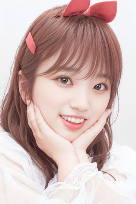 best quality, masterpiece, (photorealistic:1.3), a woman with a red bow on her head smiling at the camera with her hands on her face, 1girl, hands_on_own_cheeks, hands_on_own_face, head_rest, lips, nose, open_mouth, realistic, smile, solo, teeth, Yabuki Nako, jewelry, brown_hair, ring, long_hair, necklace,  <lora:Nako-obentoai-v1:0.8>