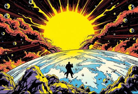 Comic book in the style of Jack Kirby, a 'super hero' stupidly brings the sun to the Earth's surface, chaos ensues,