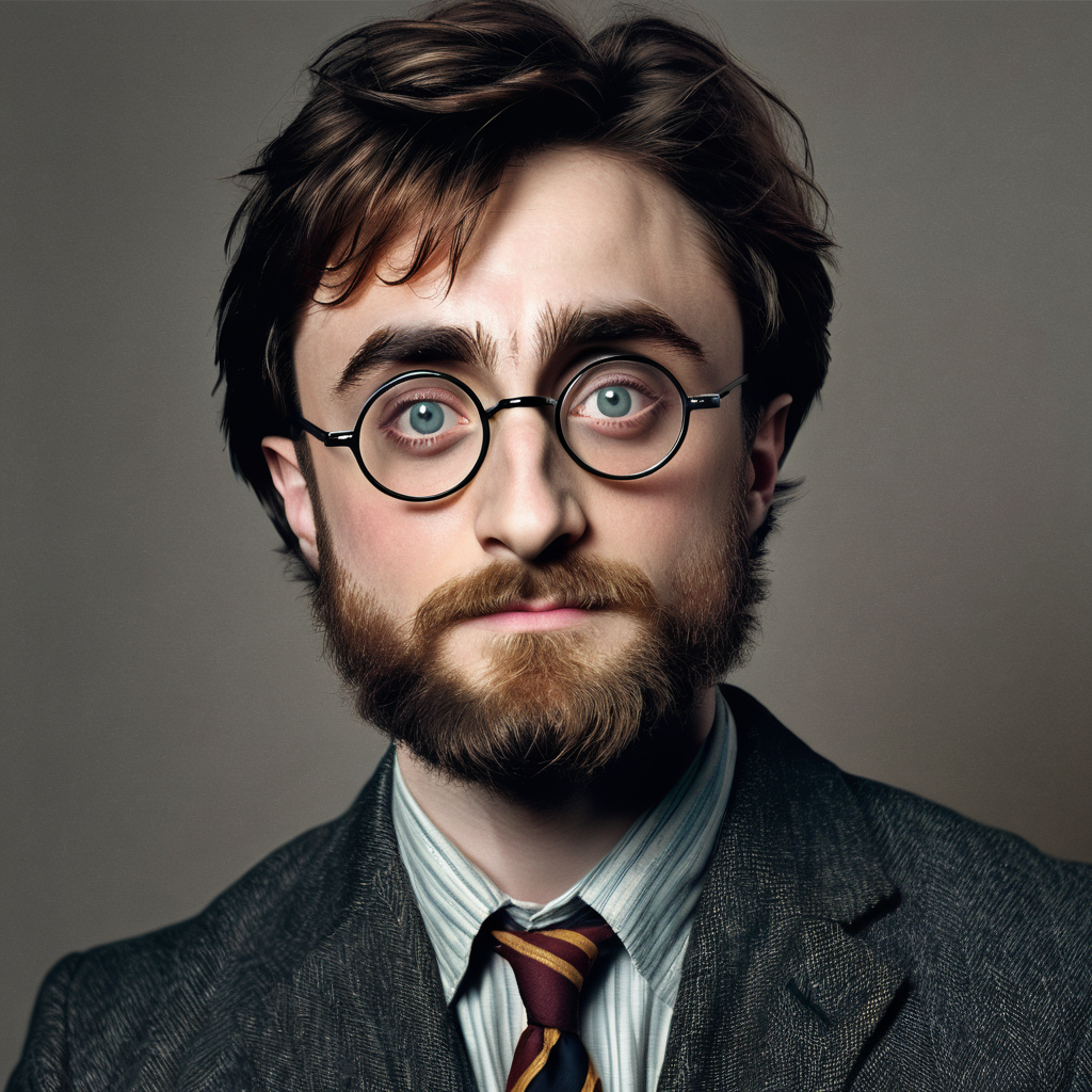 50 years old harry potter daniel radclife with beard and round glasses and cheap suit