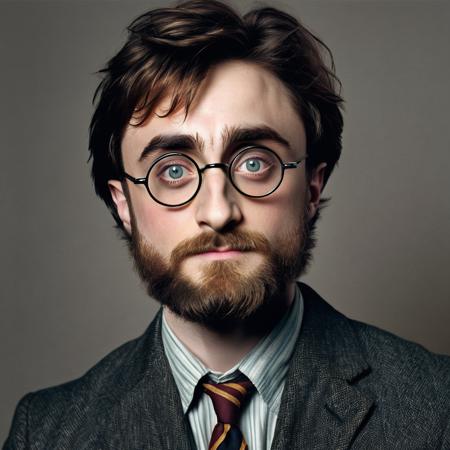 50 years old harry potter daniel radclife with beard and round glasses and cheap suit