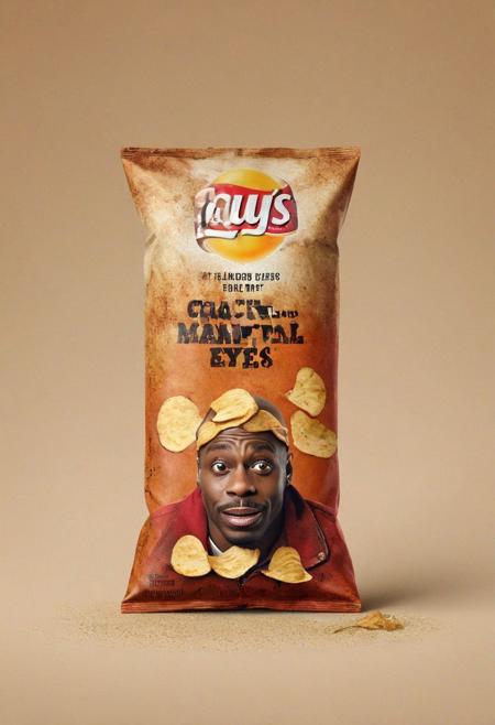 Portrait, studio photograph,  of Tyrone Biggums, funny crack addict from Chappelle Show, Dave Chapelle, Chapelle Dave comedian, Portrait studio comedy photograph of Tyrone Biggums, zany emaciated crack addict from Chappelle Show, jovially clutching single crumpled bag of Lay's potato chips customized to clearly display "Euro Crack" flavor text, wacky exaggerated expression of manic glee, meth-addled twitchy mannerisms played for laughs, wild bugged-out eyes, oversized ill-fitting tattered red coat, dingy white tank top askew, ripped baggy jeans, untied scuffed boots, stringy unkempt greasy hair sticking out, sunken cheeks and hollowed features amplified to humorous effect, yellowed rotting teeth bared in a crazed grin, overgrown scraggly beard, photorealistic lighting of professional brand studio highlighting hilarious disheveled appearance, jgermeister liquor bottle used as prop, 4k uhd resolution, masterpiece quality portrait capturing satirical hilarity