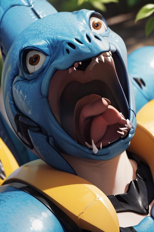 A blue and yellow dragon head with open mouth and teeth.