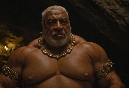 (photo, realistic, raw), (nighttime, at night, dark, dark hard shadows, cinematic atmosphere, movie grain, hazey atmosphere), closeup from below, (brute, barbarian, etherial, spiritual, emperor, king, god), old burly buff gentleman, old manly mature man, combed back hair,  doublechin, old tanned grandpa, wrinkly neck, proud big chest, thick neck, armpits, tanned skin, tight golden spandex, gold jewellery, gold necklace,gold earring, tribal tattoos, in a dark ancient cave at night, nighttime,looking directly at viewer with a loving caring smile, leaning forward close to viewer, very close, intimite situation, romantic atmosphere, intimate lustful romantic expression, sad expression, belly and pecs from below