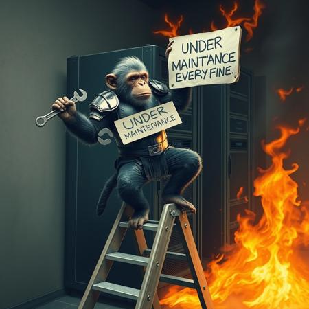 realistic, realism, surreal, monkey in armor holding a wrench, breakdancing on step ladder, in front of burning server machine, server is on fire. (a paper sign on ladder say "UNDER MAINTENANCE, EVERYTHING IS FINE")