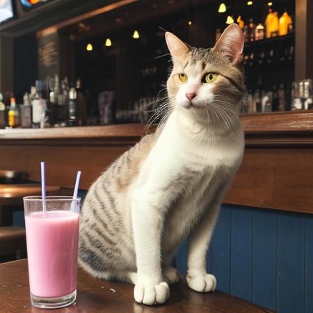 A bored cat sitting at a bar, drinking milk from a straw