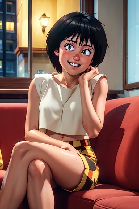 Kaori,black eyes,black hair,white shirt, sleeveless, midriff, shorts, looking at viewer, smiling, happy, blush, sitting, inside a cozy living room, legs crossed, window, cityscape, night time, soft lighting, high quality, masterpiece, <lora:Kaori:.7>
