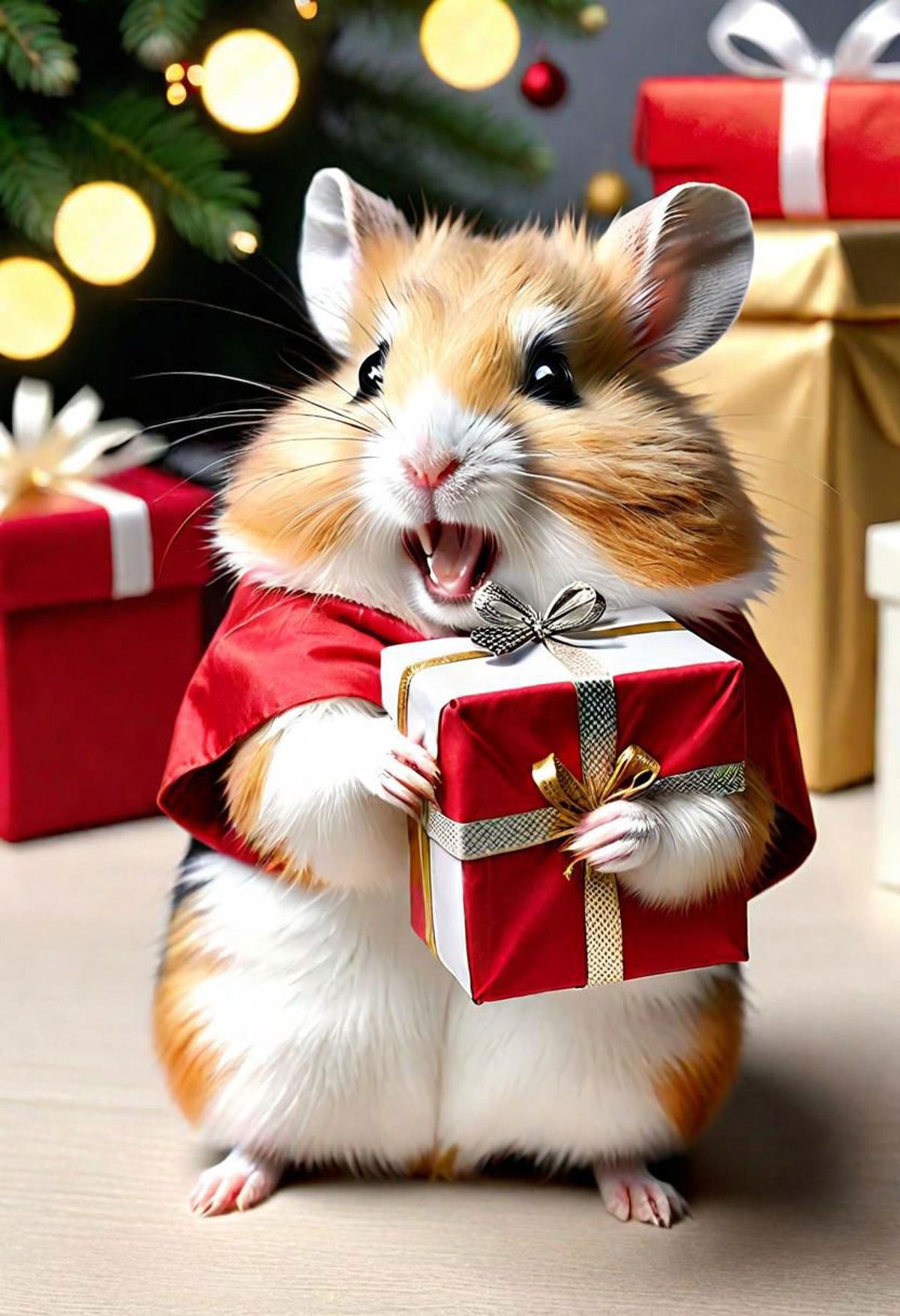 A hamster in a red robe holding a gift.