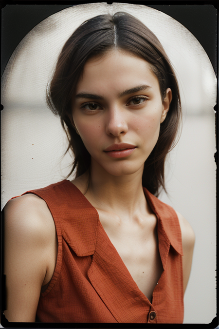 DanielaFermo, Century Camera Co. Studio, 160mm f/8, 1/10s, ISO 25, ((tintype:1.3)), ((portrait, full color, bold color, orange, red, gradient)), blouse, ((geometric halftone background))