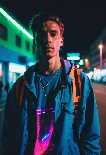 go pro photo, half body,1man, 25 y.o. , night , low andle, bright clothes 90's, grainy photo, analogue glitch effect, neon light