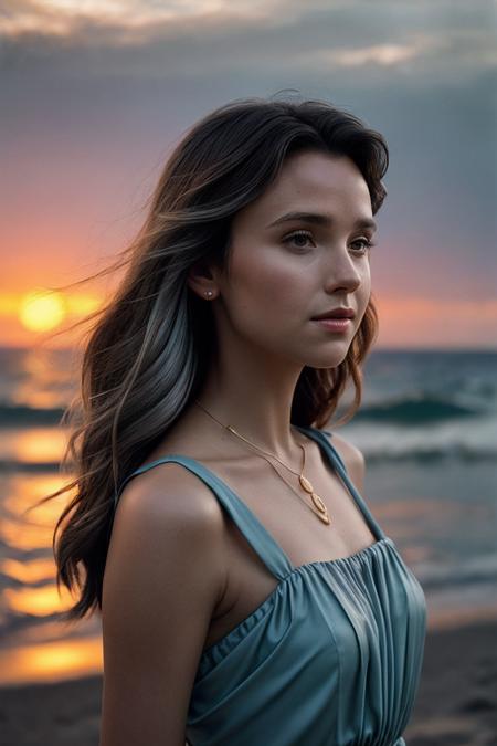 PoppyD_SoloTI_v1,  
(In a light blue chiffon dress, with a delicate silver necklace, for an elegant and graceful look), (A beach at sunset, with waves gently lapping at the shore, golden light reflecting off the water, serene atmosphere:1.3), (seductive:1.3),(analog, cinematic, film grain, hazy atmosphere, cinematic shot:1.3),
<lora:add_detail:0.6>,<lora:LowRa:0.2>, PA7_Portrait-MCU,