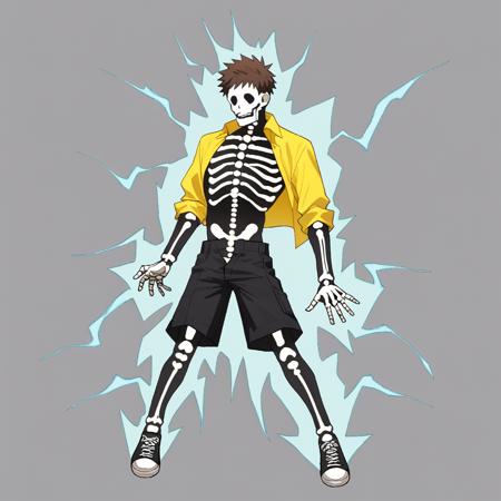 electrocut1on skeleton, full body, ribs, skull, electricity