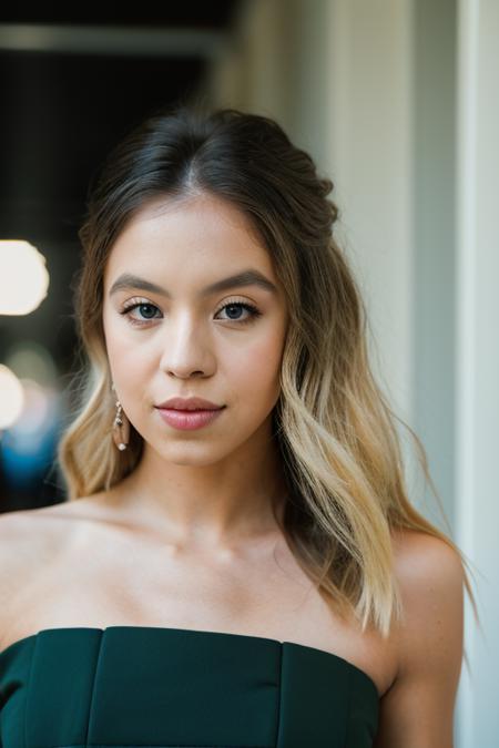 Realistic photo of a beautiful sydn3ys-v1 woman,  1girl, solo, long hair, looking at viewer, smile, blue eyes, blonde hair, simple background, bare shoulders, upper body, lips, strapless, realistic, tube top, soft lighting, professional Photography, Photorealistic, detailed, RAW, analog, sharp focus, 8k, HD, DSLR, high quality, Fujifilm XT3, film grain, award winning, masterpiece<lora:sydn3ys-v1:1.0>