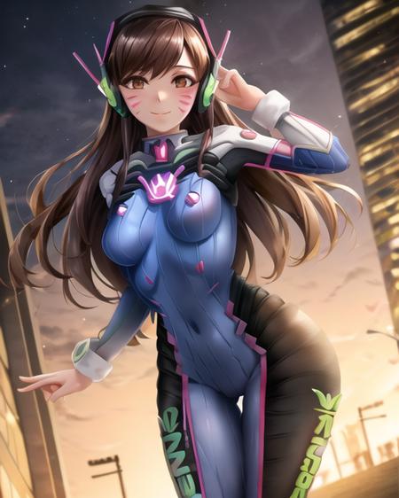 best quality, 1girl, adult, brown hair, brown eyes, smile, standing, dynamic pose, outdoors, city background, corneo_dva