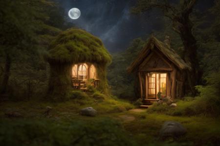(night:1.3), a tiny fairy home  made of moss nestled at the foot of an ancient oak tree, built on a mossy mound, starry sky, large moon, ferns and mushrooms and magical glowing plants, charming, enchanting, ethereal, fantasy, warm lights in the windows, magical forest background, 
(8k uhd), absurdres, high quality, film grain, HD, Sharp, dark,
 <lora:detail_slider_v4:0.8>
