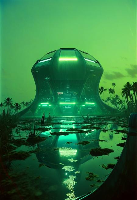 ()Hyoer Realistic:2.0)Polaroid picture an futuristic, cyber metropolitan society on Midway Atoll, Oceania. The atoll's natural landscape is seamlessly integrated with advanced, high-tech architecture. Towering skyscrapers and neon-lit buildings rise from the coral reefs and sandy beaches, reflecting a vibrant, cyberpunk aesthetic. Detailed textures on the buildings, water, and vegetation. Realistic lighting with subtle shadows and reflections. High-resolution details, vibrant colors, and a sense of dynamic energy. Advanced drones and hovercrafts navigate the skies and waters, while holographic advertisements and data streams fill the air. The scene is set at dusk, with a clear blue sky transitioning to a deep, icy purple. Rule of thirds composition, emphasizing the unique blend of natural beauty and futuristic technology. HDR, UHD, cinematic lighting, and hyper-realistic details.