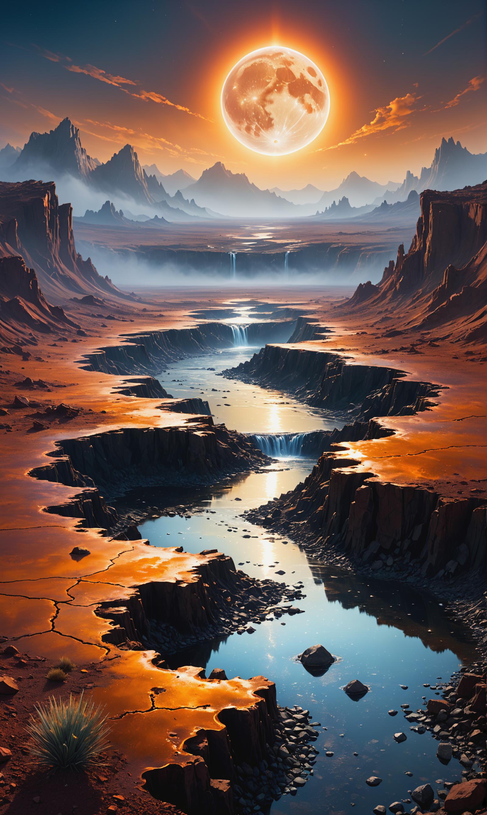 A Painting of a River Between Two Cliffs at Sunset