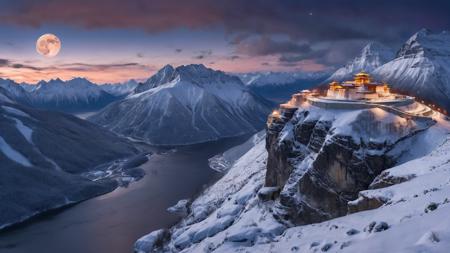 A photo of an old Buddhist monastery on a mountain top, steep inaccessible cliffs, twilight, cloudy, snow precipitation, cresent moon, mountaineous landscape, aurora borealis, mysterious twilight, trees without leaves, <lora:snowmountxl_v1:0.3> smxl,  <lora:Wild_nature_XL:0.3>,  <lora:ral-ntrgmstn:0.8> ral-ntrgmstn