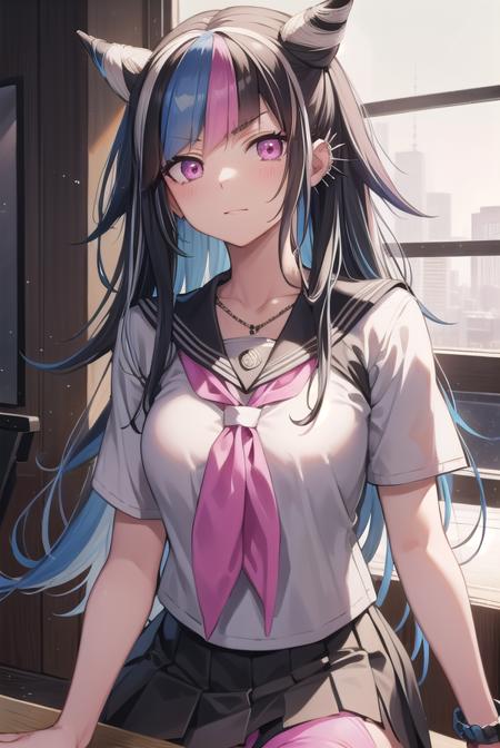 ibukimioda, <lora:ibukimioda-lora-nochekaiser:1>,
ibuki mioda, black hair, blue hair, hair horns, ear piercing, lip piercing, long hair, multicolored hair, (pink eyes:1.5), pink hair, white hair,
BREAK asymmetrical legwear, black skirt, blue thighhighs, jewelry, mismatched legwear, neckerchief, necklace, piercing, pleated skirt, ring, school uniform, serafuku, shirt, skirt, thighhighs, torn clothes, torn thighhighs, zettai ryouiki,
BREAK looking at viewer,
BREAK indoors, classroom,
BREAK <lyco:GoodHands-beta2:1>, (masterpiece:1.2), best quality, high resolution, unity 8k wallpaper, (illustration:0.8), (beautiful detailed eyes:1.6), extremely detailed face, perfect lighting, extremely detailed CG, (perfect hands, perfect anatomy),