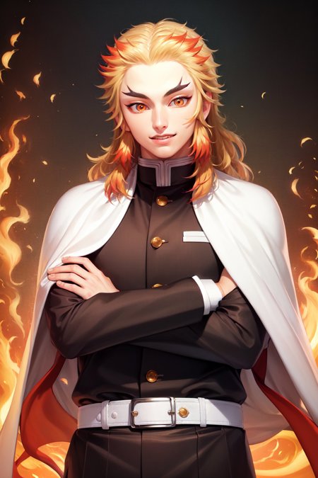 rengoku kyojuro long hair forked eyebrows demon slayer uniform black jacket long sleeves white cape black pants white belt