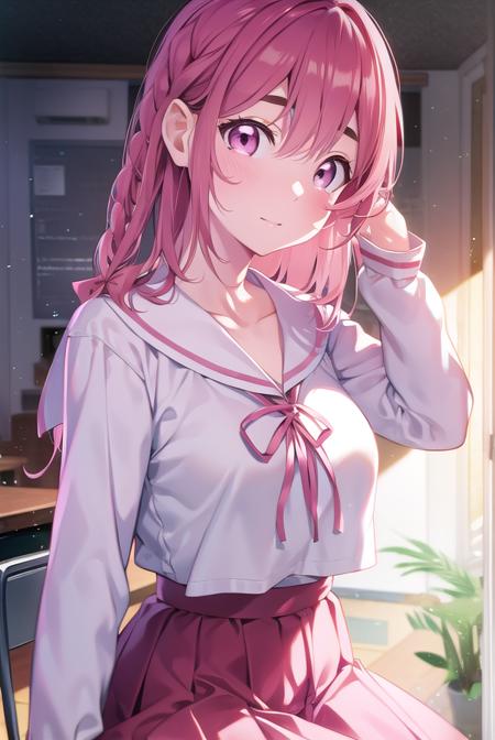 sumisakurasawa, <lora:sumisakurasawa-lora-nochekaiser:1>,
sumi sakurasawa, bangs, (pink eyes:1.5), hair between eyes, pink hair, braid, hair bow, thick eyebrows,
BREAK skirt, shirt, long sleeves, bow, ribbon, school uniform, white shirt, serafuku, sailor collar, red ribbon, neck ribbon, red skirt, white sailor collar,
BREAK looking at viewer,
BREAK indoors, classroom,
BREAK <lyco:GoodHands-beta2:1>, (masterpiece:1.2), best quality, high resolution, unity 8k wallpaper, (illustration:0.8), (beautiful detailed eyes:1.6), extremely detailed face, perfect lighting, extremely detailed CG, (perfect hands, perfect anatomy),