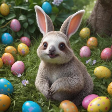 aidmaimageupgrader, a high quality digital image of the easter bunny but it's actually an adorable little sloth in disguise, she's in a bright sunny garden with lots of bright vivid coloured easter eggs