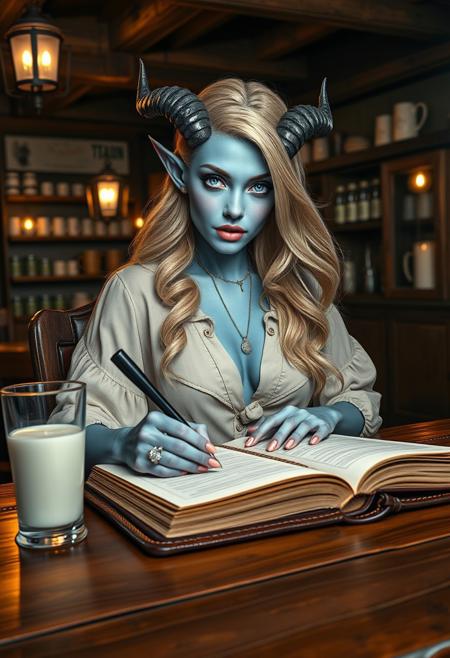 "A beautiful blue-skinned Tiefling woman with elegant, curved horns, flowing blonde hair, and piercing blue eyes, seated at a desk in a cozy inn. Her skin has a subtle two-toned effect, with a soft, natural gradient resembling a farmer's tan, enhancing her unique beauty. She is gracefully writing in a large leather-bound ledger, her delicate hand moving across the pages with precision. Beside her, a crystal-clear glass of milk rests on the wooden desk, catching the warm, inviting light. The background features a rustic inn interior, with wooden beams, lanterns casting a golden glow, and shelves lined with mugs, bottles, and simple decorations. She wears a soft, low-cut shirt that subtly accentuates her form, adorned with a delicate necklace that gleams in the light. A dazzling, oversized engagement ring sparkles on her finger as she writes. The scene captures her serene and radiant expression, blending her graceful movements with the warm, inviting ambiance of the inn."