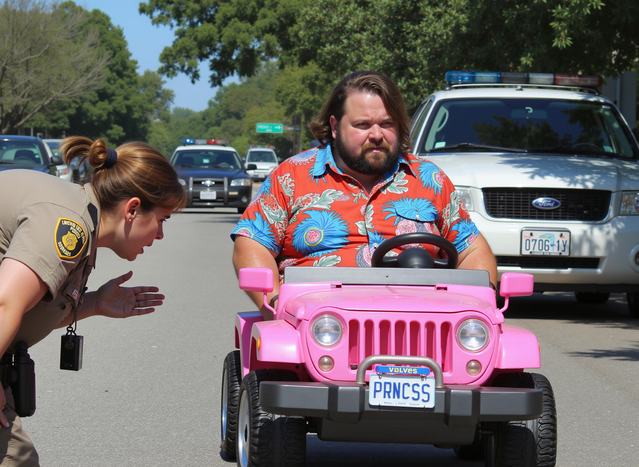 snapshot of an angry female state trooper bending over to lecture to an obese bearded man in a Hawaiian shirt who is sitting atop his tiny pink Powerwheels Jeep. The license plate says PRNCSS.  The officer's police cruiser is behind them with it's lights flashing.