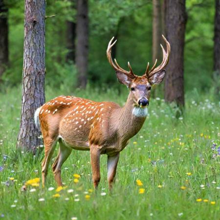 <lora:lcm_sdxl_lora:1>,   <lora:nat:0.7>, a deer in a clearing, grazing on the grass, heavy forest all around, wildflowers, butterflies,