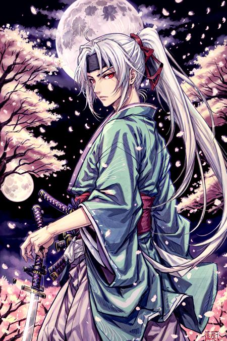 Hijikata Toshizou,  cherry blossoms,  full moon,  hakama,  haori,  headband,  japanese clothes,  katana,  long hair,  moon,  night,  petals,  ponytail,  red eyes,  shinsengumi,  sword,  weapon,  white hair, <lora:EMS-46732-EMS:0.700000>