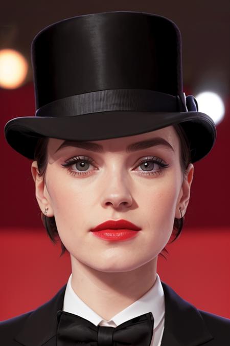 photo of a woman, daisyr-1836,((wearing a tuxedo jacket, shirt, bowtie, top hat, short hair):1.1), ((closeup, portrait)),((on stage, spotlights):1.2), ((red lipstick, makeup)), (smile), ((best quality, masterpiece, extreme details, high resolution):1.2),((detailed eyes, beautiful eyes, detailed face, beautiful face):1.2)