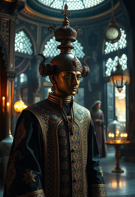 source_photo, photorealistic, masterpiece, 4k, ray tracing, intricate details, highly-detailed, hyper-realistic, 8k RAW, cinematic light, dramatic light, shallow depth of field,  high budget, bokeh, cinemascope, best view, best angle, XIXth century, Baudelaire, orientalist, collector, surrealist poetry, "Quand il jette en dansant son bruit vif et moqueur,
Ce monde rayonnant de métal et de pierre
Me ravit en extase, et j'aime à la fureur
Les choses où le son se mêle à la lumière."