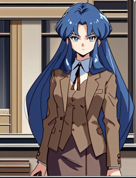 b-ko, 1girl, upper body, squinted eyes, blue long hair, curled bangs, elegant, brown jacket and skirt, in a mecha work shop, neutral expression,  <lora:Project_A-Ko-000013:1.1>