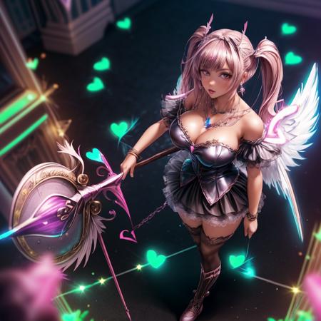 ultra realistic, masterpiece:1.2),(high detailed skin:1.1),( high quality:1.1), 1girl,  (MakaAlbarn, scythe, solo, twintails, bangs, (cupid amor costume:1.2),angel wings,Tulle Skirt, knee high socks,[<lora:ValentineNatureStyle:1.5>ValentineNatureStyle, flowers, hearts:<lora:nuclearpunk-style-darquelilly-v1:0.5>nuclearpunk, neon, Gothic,jewelry, bracelet, armlet, earrings, gem, blurry, necklace, head chain, light particles,:20],(looking at viewer, standing, from above:1.1),, (huge breast,large breast,:1.1),<lora:add_detail:0.87>, (glow in the dark:1.1), blurry background,<lora:makaAlbarnSoulEater_v10:0.8>