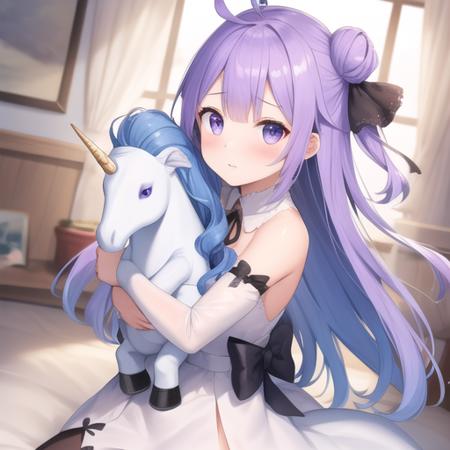 (masterpiece, best quality:1.2),illustration,8k,hd,1girl,solo,upper body,(portrait:1.2),stuffed toy,object hug,purple eyes,white dress,stuffed animal,purple hair,hair bun,stuffed winged unicorn,single hair bun,looking at viewer,ahoge,ribbon,one side up,detached sleeves,hair ribbon,white thighhighs,single side bun,bow,blush,black bow,bare shoulders,very long hair,bangs,black ribbon,<lora:Unicorn(azur)>,