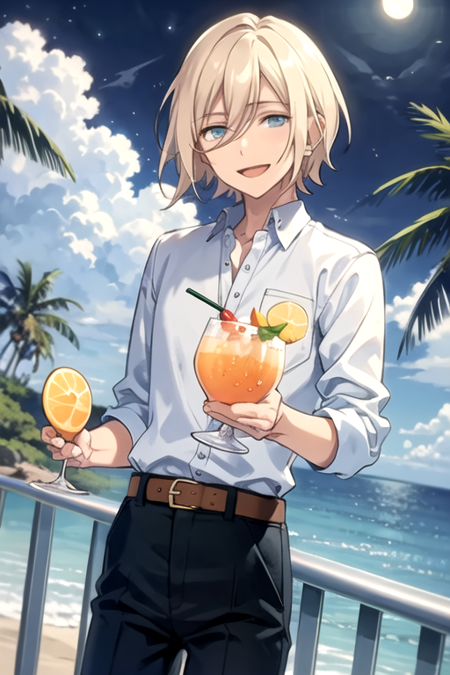 <lora:Eichi-08:0.7> ,eichi, solo, looking at viewer, smile, short hair, open mouth, blue eyes, blonde hair, shirt, 1boy, holding, hair between eyes, flower, male focus, outdoors, food, sky, collared shirt, belt, pants, cloud, aqua eyes, tree, cup, night, fruit, ocean, moon, holding cup, full moon, drinking glass, drinking straw, yellow flower, drink, palm tree, railing, brown shirt, orange (fruit), lemon, cocktail glass, orange slice, tropical drink