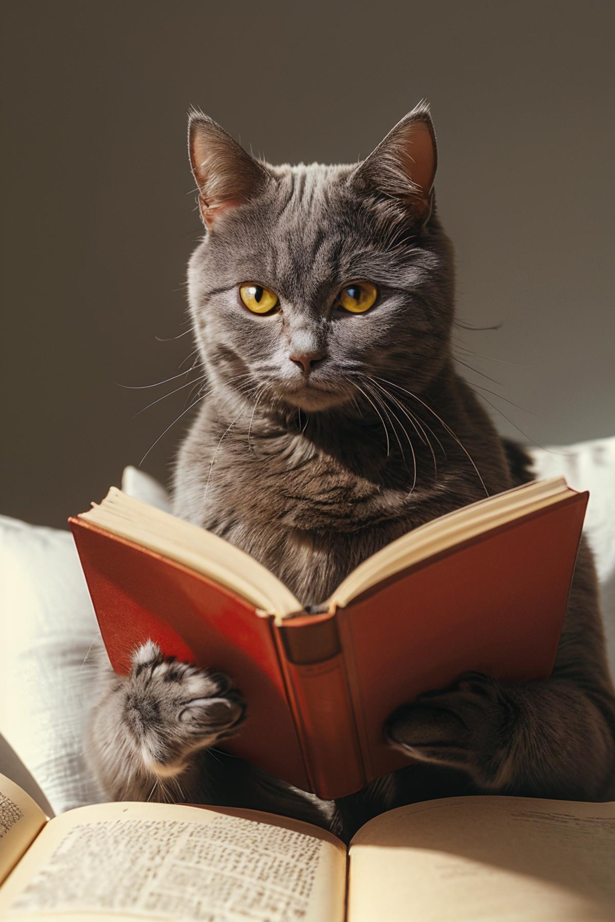 Gray Cat "Reading" a Book with Yellow Eyes