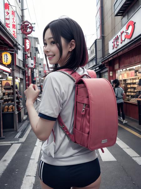 RAW photo, portrait, best quality, high res
a women with light smile is wearing randoseru backpack and navy buruma and gym uniform with colored hem in street of Asakusa Tokyo with lots of store signs and shops, view from behind
 <lora:randoseruburuma_v1.2:1>
<lora:real_model_suppin:-0.5>