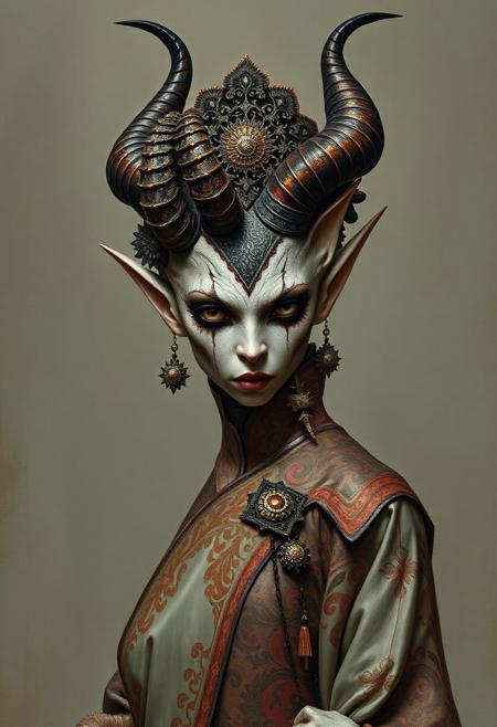 Female demon, oriental damask ornaments, in the style of restrained palette, distressed materials, realistic color schemes, hieratic visionary, figura serpentinata, nicola samori, bold yet graceful , alexander McQueen fashion costume style, oil painting style