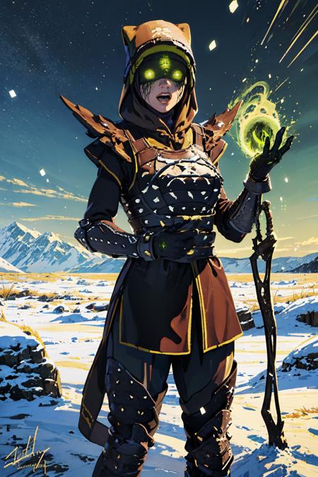 (masterpiece, best quality:1.2),  <lora:eris_morn:.9>, eris morn, solo, 1girl, breasts, large breasts, glowing, glowing eyes, armor, hood up, shoulder armor, green eyes, hood, gloves, pauldrons, outdoors, day, shiny skin, shiny, looking at viewer, smile, open mouth, snow, sky, ice