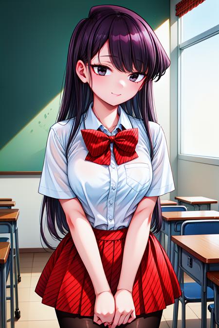 1girl, cowboy shot, standing, classroom, light smile, 
komi_shouko, black eyes, black hair, long hair, bangs, bowtie, school uniform, white shirt, striped, red skirt, black pantyhose, <lora:komi_shouko_lora_ver2:0.7>, best quality, masterpiece, highres, <lora:GoodHands-vanilla:1>