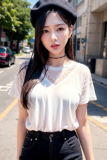 apinkhayoung, urban, streets, (day:1.1), RAW,(8k, best quality, masterpiece:1.2),(intricate details:1.4),(photorealistic:1.4),octane render, complex 3d render ultra detailed, studio soft light, rim light, vibrant details, ultra detailed, realistic skin texture, detailed face, beautiful detailed eyes, extremely detailed CG unity 8k wallpaper, makeup, (detailed background:1.2), (cowboy shot:1.2),(perfect anatomy:1.2),(wide hip:1.1),(black t-shirt, pants, choker, beret:1.2), <lora:apinkhayoung-v1:1>